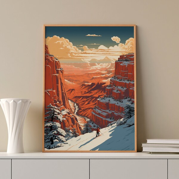 Grand Canyon Skier | Vintage Ski Poster | Cabin Decor | Arizona Winter, Skiing Art, Winter Home Decor, Linocut Style Print, Digital Download