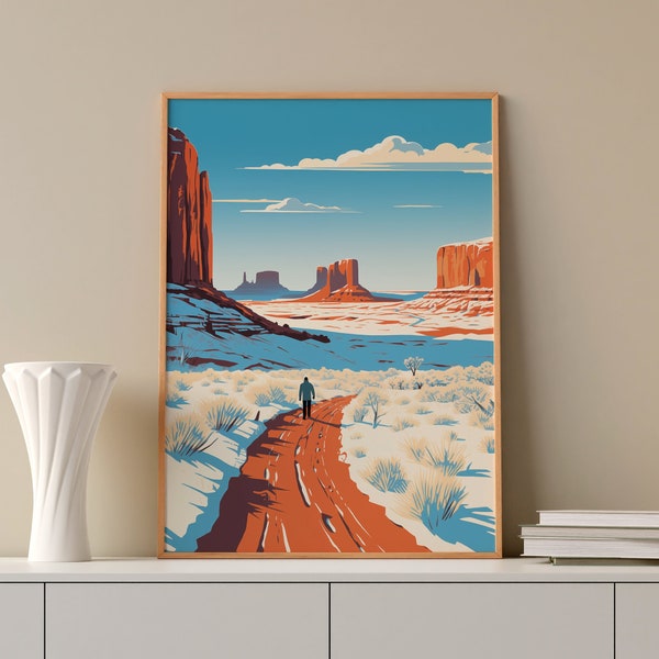 Monument Valley Hike | Winter Poster | Cabin Decor | Arizona Winter, Snow Art, Winter Home Decor, Linocut Style Print, Digital Download