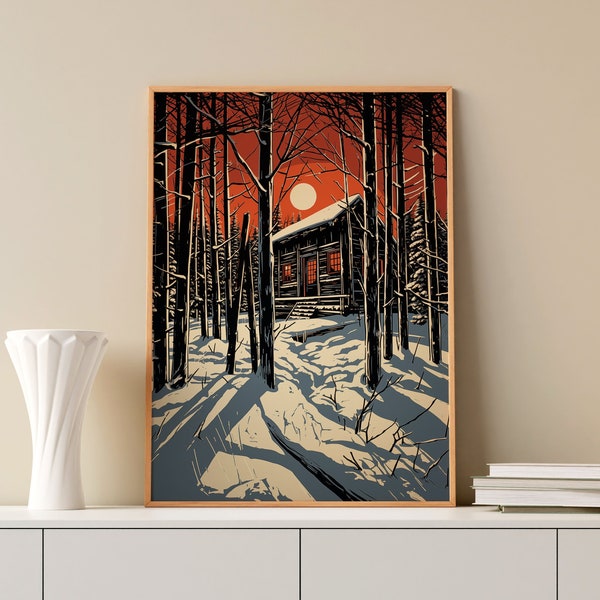 Retro Winter Poster | Forgotten Cabin | Cabin Decor | Ski Wall Art, Nature Art, Winter Home Decor, Linocut Style Print, Digital Download