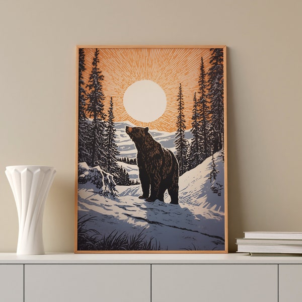 Grizzly Bear Art Print | Grizzly Sunset | Cabin Decor | Wall Art, Brown Bear, Winter Home Decor, Linocut Style Print, Digital Download