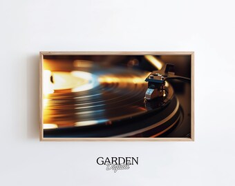 May include: A close-up of a vintage record player with a black vinyl record spinning on the turntable. The needle is in the groove of the record, and the light from the room is reflecting off the surface of the record.