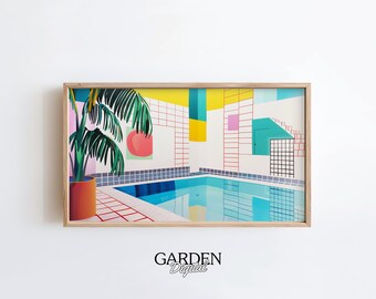 Frame TV Art Pool | Summer Pool | Apartment Decor | Minimalist Wall Art | Retro Pool Art, Retro Summer Art, Frame TV Summer, Palm Trees