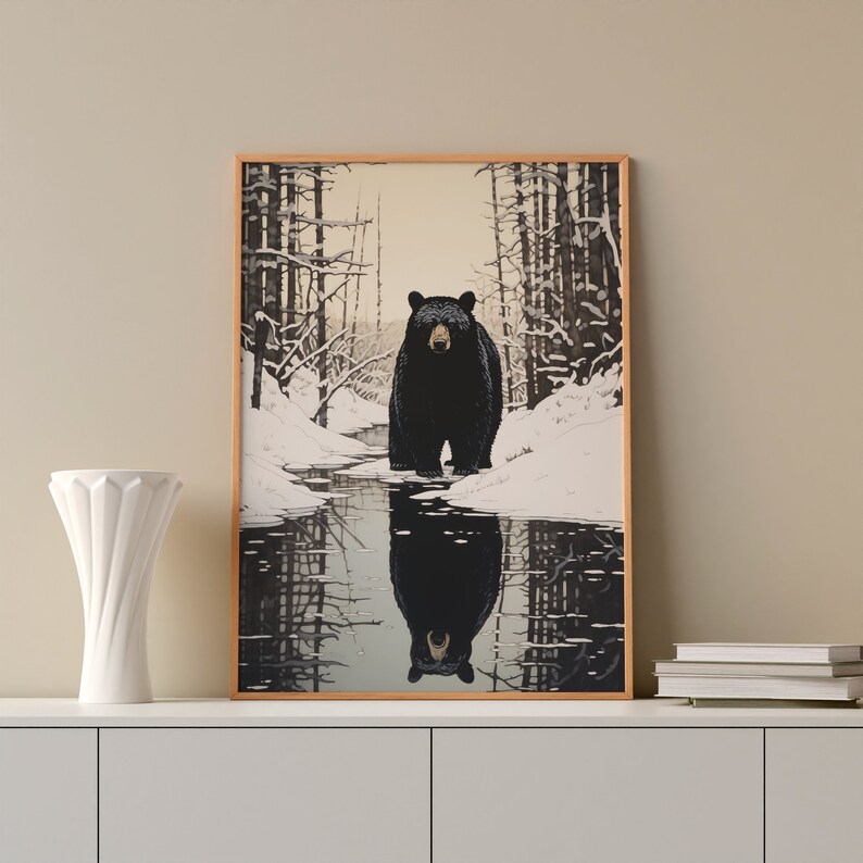 Black Bear Art Print Staredown Snowy Wood Cabin Decor Wall Art, Black