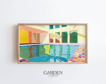 May include: A digital illustration of a swimming pool with a colorful tiled border. The pool is surrounded by a building with large windows and a yellow wall. The building has a red brick staircase leading up to the second floor.