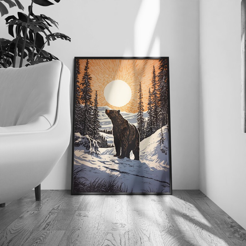 Grizzly Bear Art Print Grizzly Sunset Cabin Decor Wall Art, Brown Bear, Winter Home Decor