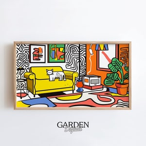 Arte de televisión enmarcado de Keith Haring / Arte lineal de dibujos animados / Arte de pared de gatos / Arte digital para televisión / Diseño de arte enmarcado / Arte de pared para el hogar, Arcoíris, Keith Hare