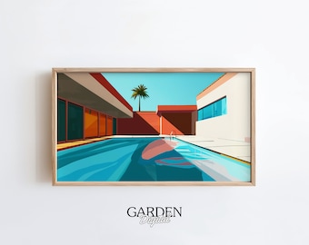 May include: A digital illustration of a modern house with a swimming pool. The house is white with orange windows and a red roof. There is a palm tree in the background. The pool is blue and there is a ladder leading into the pool.