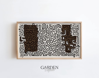 Frame TV Art | Keith Haring | Abstract Brown and White | Oil Painting | Digital Art For TV | Frame Art Design | Home Wall Art, B&W