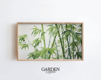 Peut inclure: Une impression encadrée d'une peinture à l'aquarelle représentant un groupe de tiges de bambou vertes avec des feuilles sur un fond blanc.