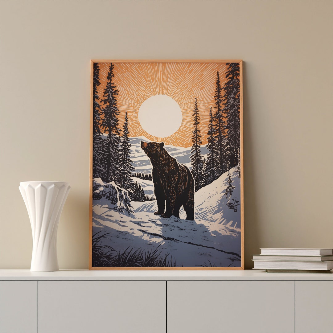 Grizzly Bear Art Print Grizzly Sunset Cabin Decor Wall Art, Brown Bear, Winter Home Decor