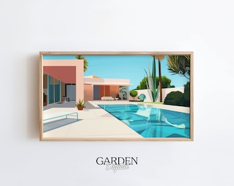 May include: A framed print featuring a mid-century modern home with a turquoise pool. The artwork showcases a pink and white building with palm trees and a clear blue sky. The text "GARDEN Digital" is at the bottom.