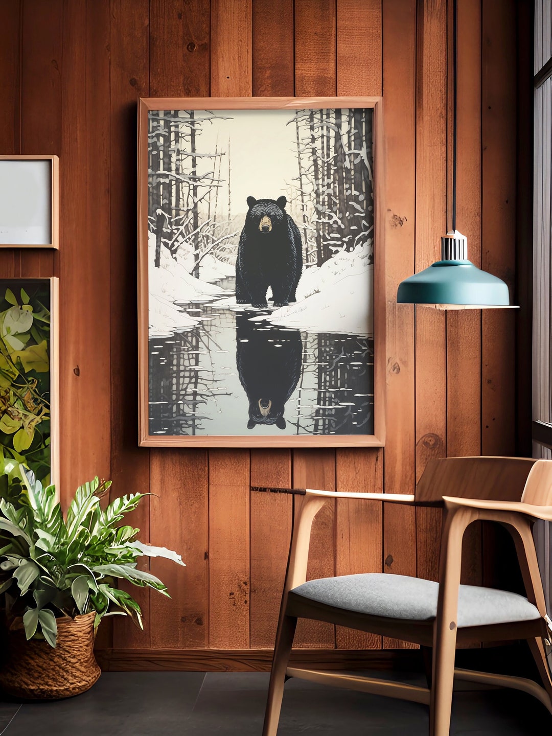 Black Bear Art Print Staredown Snowy Wood Cabin Decor Wall Art, Black Bear, Winter Home Decor