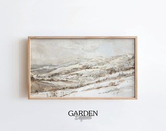 Frame TV Art Snowy Mountain Landscape | Mantle Painting | Oil Painting | Digital Art For TV | Frame TV Art | Neutral Aesthetic, Countryside