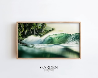 May include: A framed photograph of a large, green wave crashing in the ocean. The wave is breaking over a shallow reef, creating a foamy white crest. Lush green palm trees line the shore in the background.