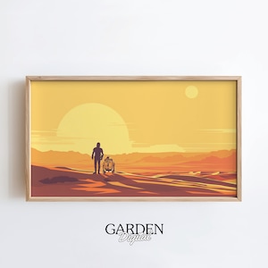 Puede incluir: Una ilustración digital de un paisaje desértico con un solo sol y un doble sol en el cielo. Una silueta de una persona y un robot caminan por las dunas de arena.