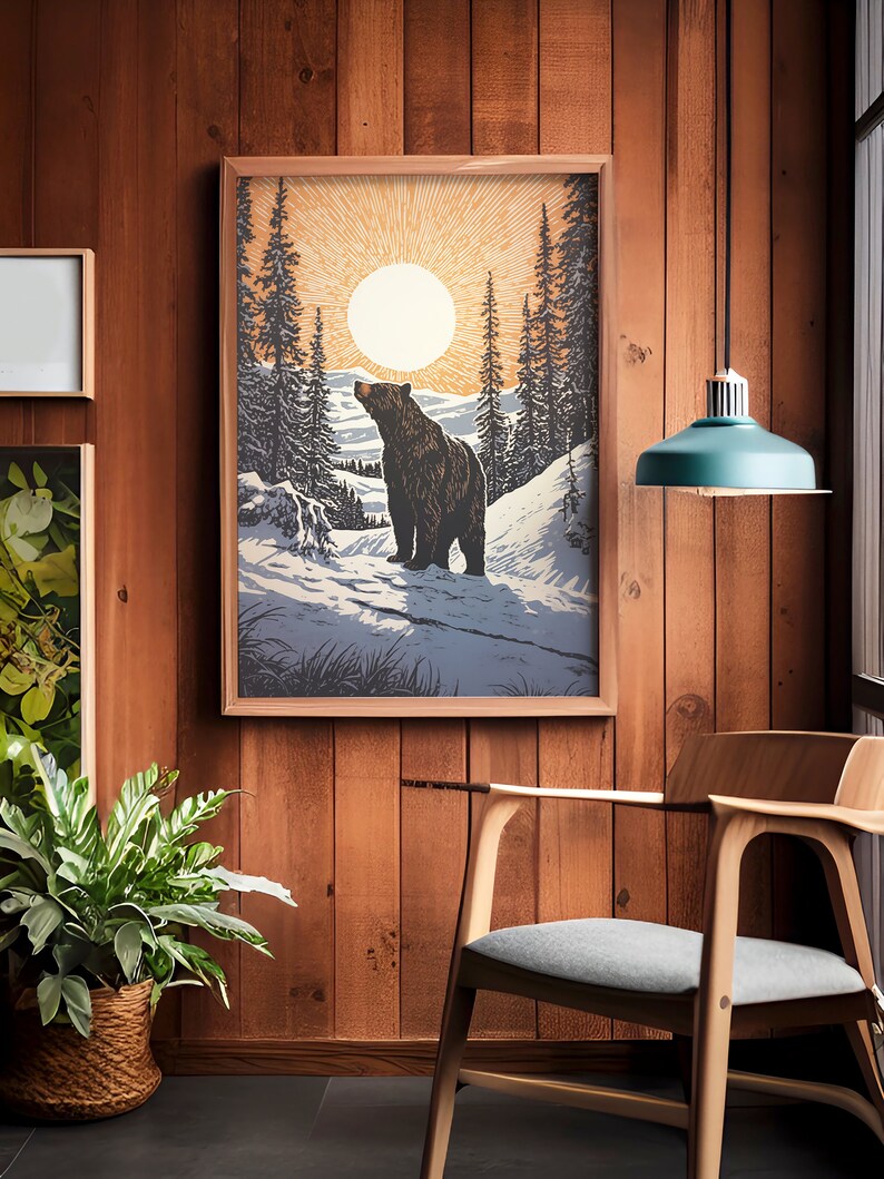 Grizzly Bear Art Print Grizzly Sunset Cabin Decor Wall Art, Brown Bear, Winter Home Decor