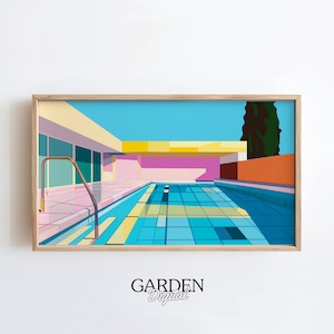 May include: A digital illustration of a swimming pool with a yellow, pink, and blue color scheme. The pool is surrounded by a building with large windows and a tree in the background.