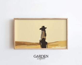May include: A digital art print of a woman wearing a hat and a white shirt standing in a desert landscape. The background is a yellow-brown color.