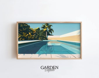 May include: A framed illustration of a swimming pool with a blue tiled surface and a palm tree in the background. The pool is surrounded by a white wall and green foliage.
