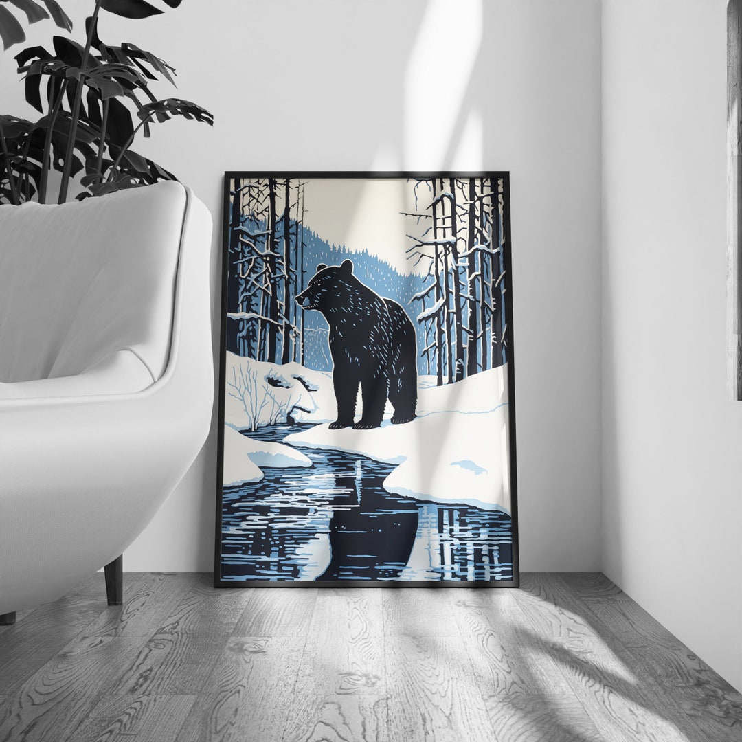 Black Bear Art Print Ice River Bear Cabin Decor Wall Art, Black Bear, Winter Home Decor, Linocut