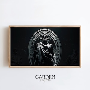 May include: A black and white photograph of a statue of a man in a toga, standing in front of a circular, ornate frame. The statue is lit from the front, creating a dramatic effect.