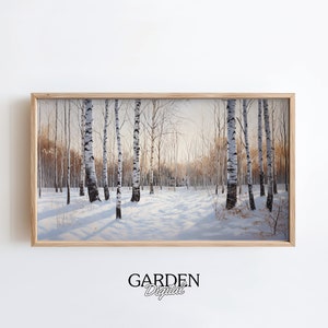 Puede incluir: Una pintura enmarcada de una escena de bosque de abedules nevado. Los árboles son blancos con marcas negras y el suelo está cubierto de nieve. El sol brilla a través de los árboles, proyectando largas sombras sobre la nieve.