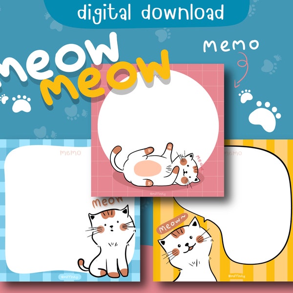 Cute cat memo pad, Digital l Printable note pad, Cute memo pad, Cute Printable note pad, Cute Stationery, Sticky Notes, goodnote