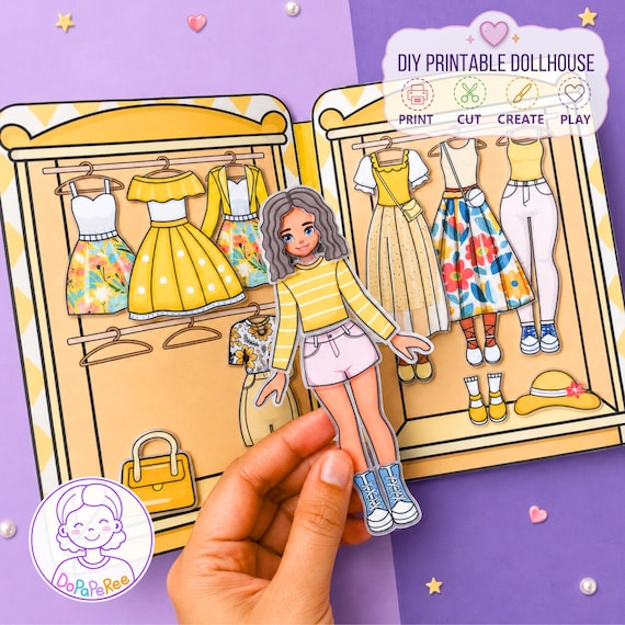 Printable Paper Dollhouse Template, Dress up Dolls, Kids Craft, Screen-free Play