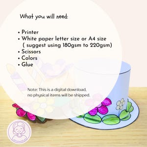 Puede incluir: Una manualidad de papel azul claro con un dise&ntilde;o floral y el texto "What you will need: Printer, White paper letter size or A4 size, Scissors, Colors, Glue". La imagen tambi&eacute;n incluye el texto "Note: This is a digital download, no physical items will be shipped."