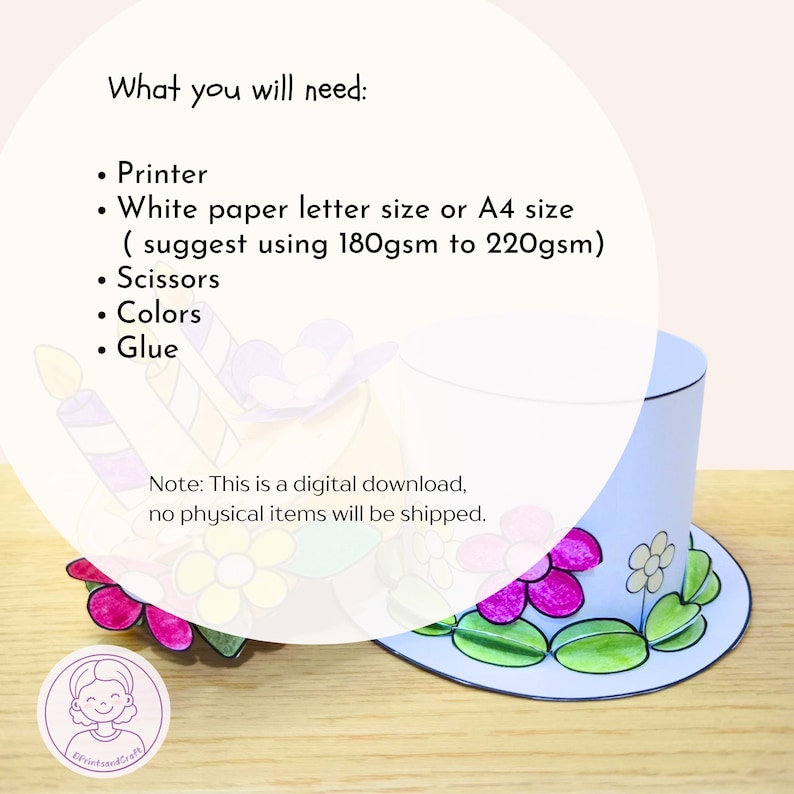 Puede incluir: Una manualidad de papel azul claro con un dise&ntilde;o floral y el texto "What you will need: Printer, White paper letter size or A4 size, Scissors, Colors, Glue". La imagen tambi&eacute;n incluye el texto "Note: This is a digital download, no physical items will be shipped."