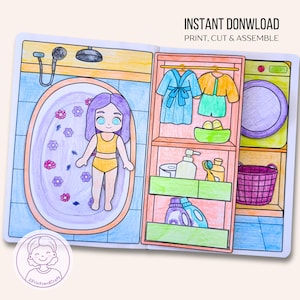 May include: A paper doll playset with a bathroom and closet scene. The doll is in a yellow swimsuit, and the bathroom has a bathtub with flowers. The closet has clothes, toiletries, and a laundry basket. Text reads "INSTANT DONWLOAD PRINT, CUT & ASSEMBLE."