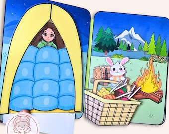 Puede incluir: Un libro de manualidades con temática de camping. Una página muestra a una persona en una tienda de campaña, la otra una escena de picnic con un conejito, una cesta y una fogata. El libro está ilustrado con colores brillantes y un estilo de dibujos animados.