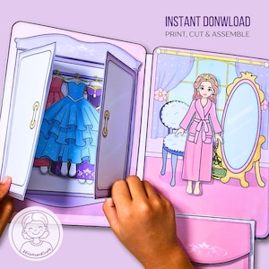 Paper dollhouse printable princess, Paper Doll DIY Quiet Book Kids Activity and Crafts, Cut & Build activity, Pretend Play Digital Download