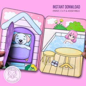 Paper dollhouse printable pink, Paper Doll DIY Quiet Book Kids Activity and Crafts, Cut and Build Activity, Digital Download