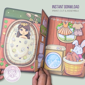 Paper dollhouse printable fairy with bunny friends, Paper Doll DIY Quiet Book Kids Activity and Crafts, Cut and Build Digital Download