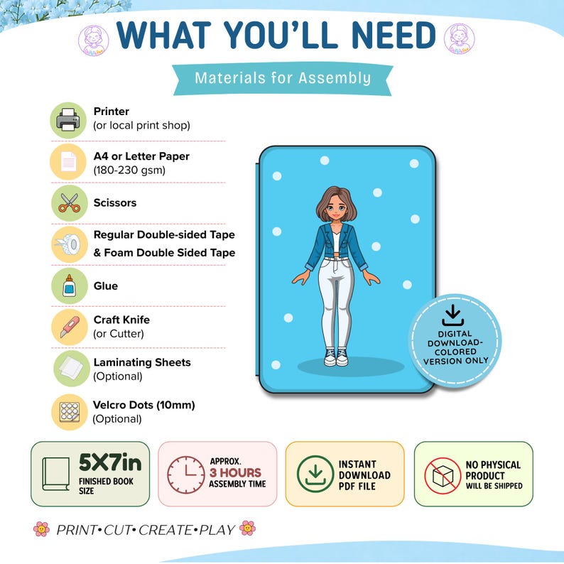 May include: An instructional guide titled WHAT YOU'LL NEED Materials for Assembly, listing printer, A4 or Letter paper, scissors, tape, glue, craft knife, laminating sheets, and velcro dots. It shows a blue book cover with a cartoon character.