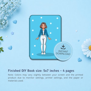 May include: A light blue rectangular book cover featuring a cartoon character with brown hair wearing a blue jacket and white pants. The cover has white polka dots and a circular badge that reads INSTANT DOWNLOAD. Finished DIY Book size: 5x7 inches - 4 pages.