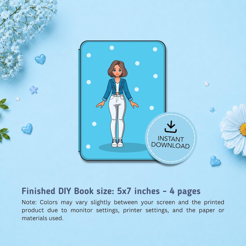 May include: A light blue rectangular book cover featuring a cartoon character with brown hair wearing a blue jacket and white pants. The cover has white polka dots and a circular badge that reads INSTANT DOWNLOAD. Finished DIY Book size: 5x7 inches - 4 pages.
