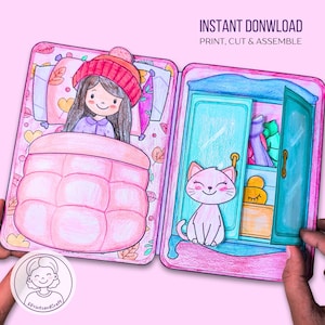 Papierpuppenhaus druckbare DIY Malseiten, Papierpuppe DIY Quiet Book Kids Aktivität und Handwerk, Cut und Build-Aktivität, digitaler Download