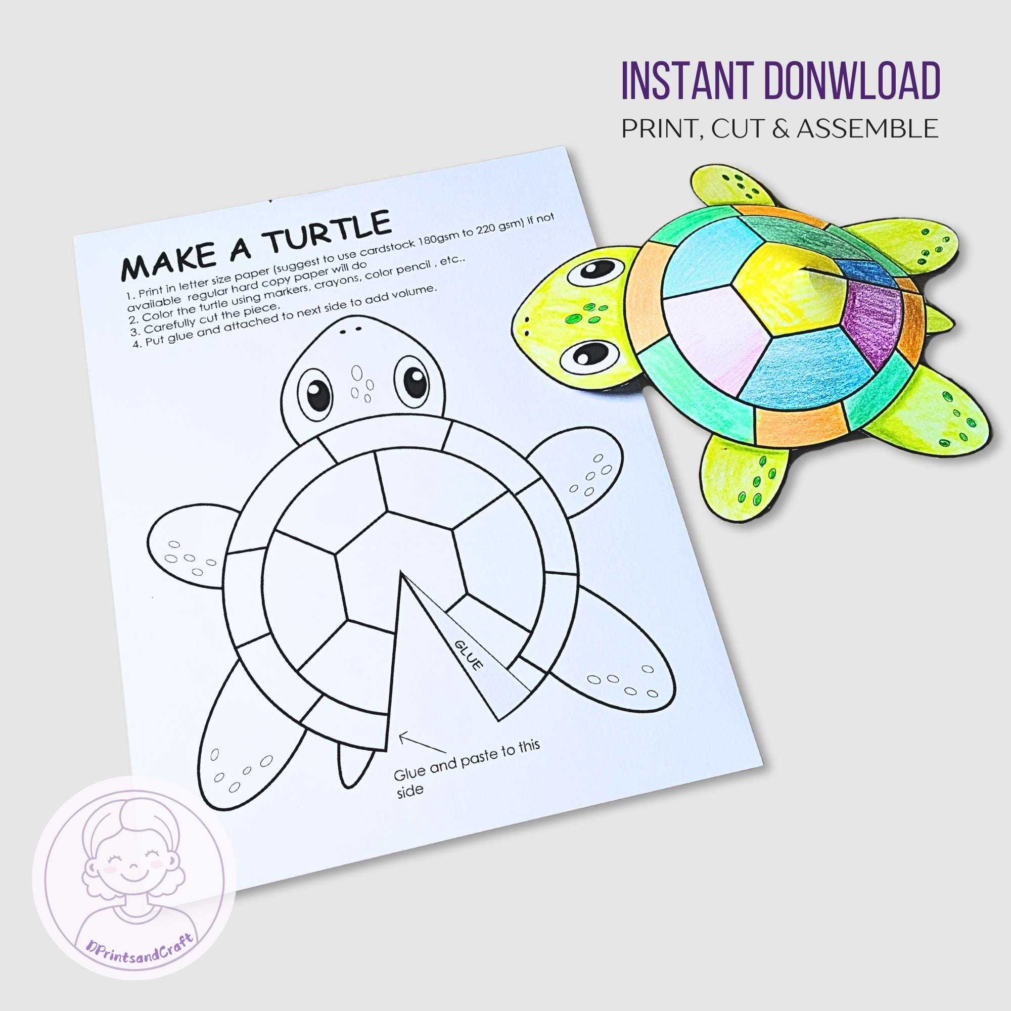Make a Turtle Printable Activity for kids, Turtle Paper Craft activities Montessori learning