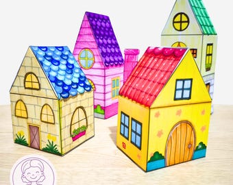 Paper Houses Printable: Kids Coloring Craft Activity (Digital Download)