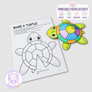 May include: A printable paper activity sheet titled MAKE A TURTLE with instructions and a black and white turtle outline. Next to it is a finished, colored-in turtle craft with a multi-colored shell. A label at the top reads PRINTABLE PAPER ACTIVITY.