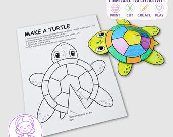 May include: A printable paper activity sheet titled MAKE A TURTLE with instructions and a black and white turtle outline. Next to it is a finished, colored-in turtle craft with a multi-colored shell. A label at the top reads PRINTABLE PAPER ACTIVITY.
