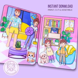 Casa delle bambole di carta stampabile con la famiglia, libro tranquillo con bambole di carta, attività e lavoretti per bambini, attività di taglio e costruzione, download digitale