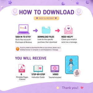 May include: An instructional graphic titled HOW TO DOWNLOAD with purple text on a light purple background. It outlines steps to sign in to Etsy, download files, and seek help. It lists items received: 6 printable colored pages, a guide, and a video.