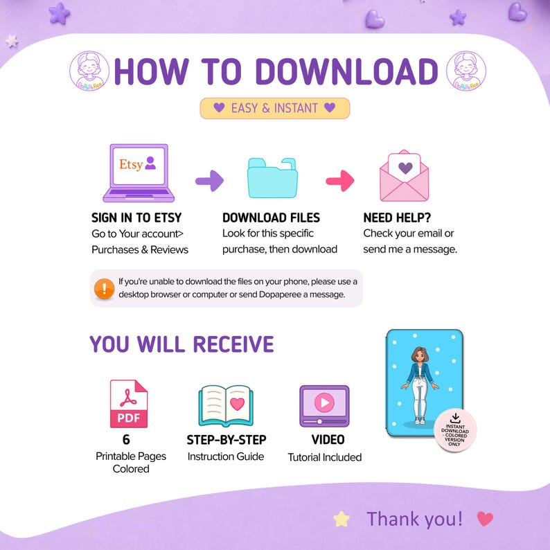 May include: An instructional graphic titled HOW TO DOWNLOAD with purple text on a light purple background. It outlines steps to sign in to Etsy, download files, and seek help. It lists items received: 6 printable colored pages, a guide, and a video.