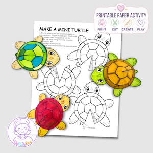 Pode incluir: Uma folha de atividades em papel imprimível intitulada MAKE A MINI TURTLE com instruções, apresentando desenhos de linhas em preto e branco de formas de tartaruga e três tartarugas de papel 3D acabadas, coloridas em verde, amarelo e vermelho.