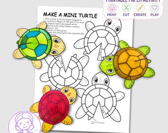 May include: A printable paper activity sheet titled MAKE A MINI TURTLE with instructions, featuring black and white line art of turtle shapes and three finished, colored 3D paper turtles in green, yellow, and red with patterned shells.