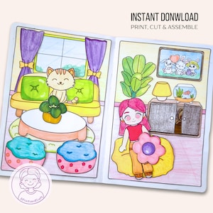Bauen Sie ein Papierpuppenhaus Wohnzimmer, Papierpuppe DIY Buchseiten Kinderaktivität und Basteln, Cut & Build-Aktivität, PDF Digital Download