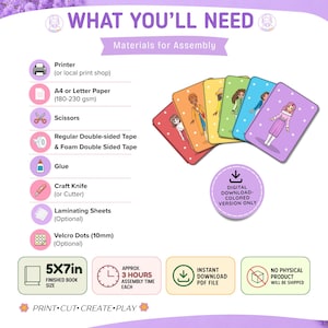 May include: A digital craft assembly guide featuring a list of required materials like a printer, A4 or letter paper, scissors, tape, glue, and a craft knife. It displays five colorful character cards and notes a 5x7 inch finished book size.